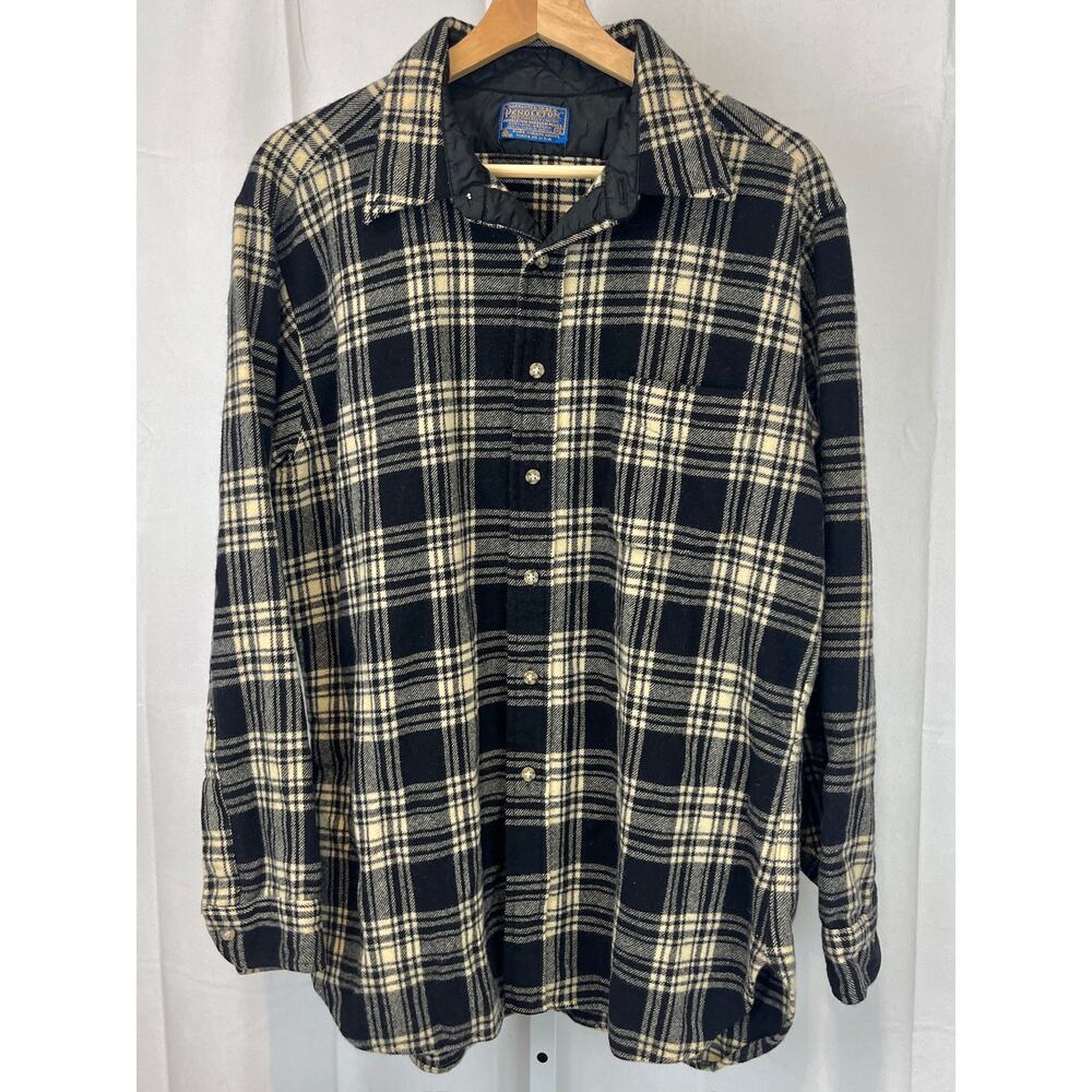 PENDLETON VTG Plaid Wool Work Shirt Long Sleeve Button Up Utility Black Cream XL - Picture 9 of 9